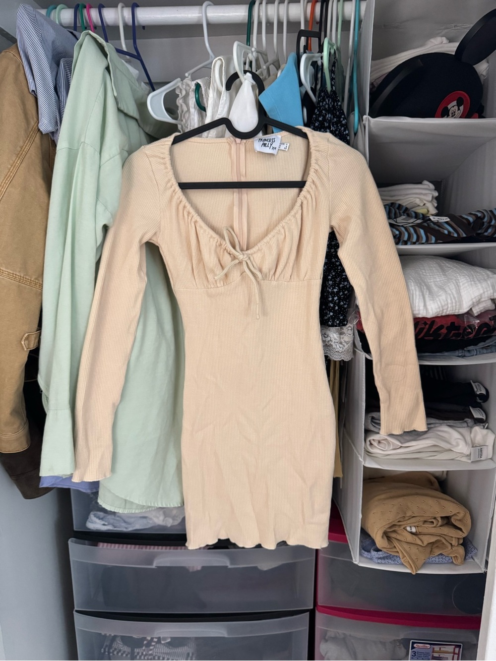 Princess Polly- Cream Ribbed Long Sleeve Mini Dress with Tie Front